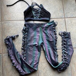 Rave Stylish Iridescent Lace-Up Pants with crop top. Size s J.  Valentine